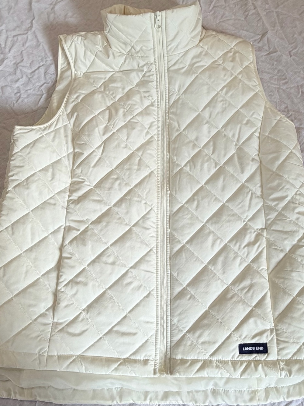 Lands' End Women's Quilted White Cream Vest with Stand Collar